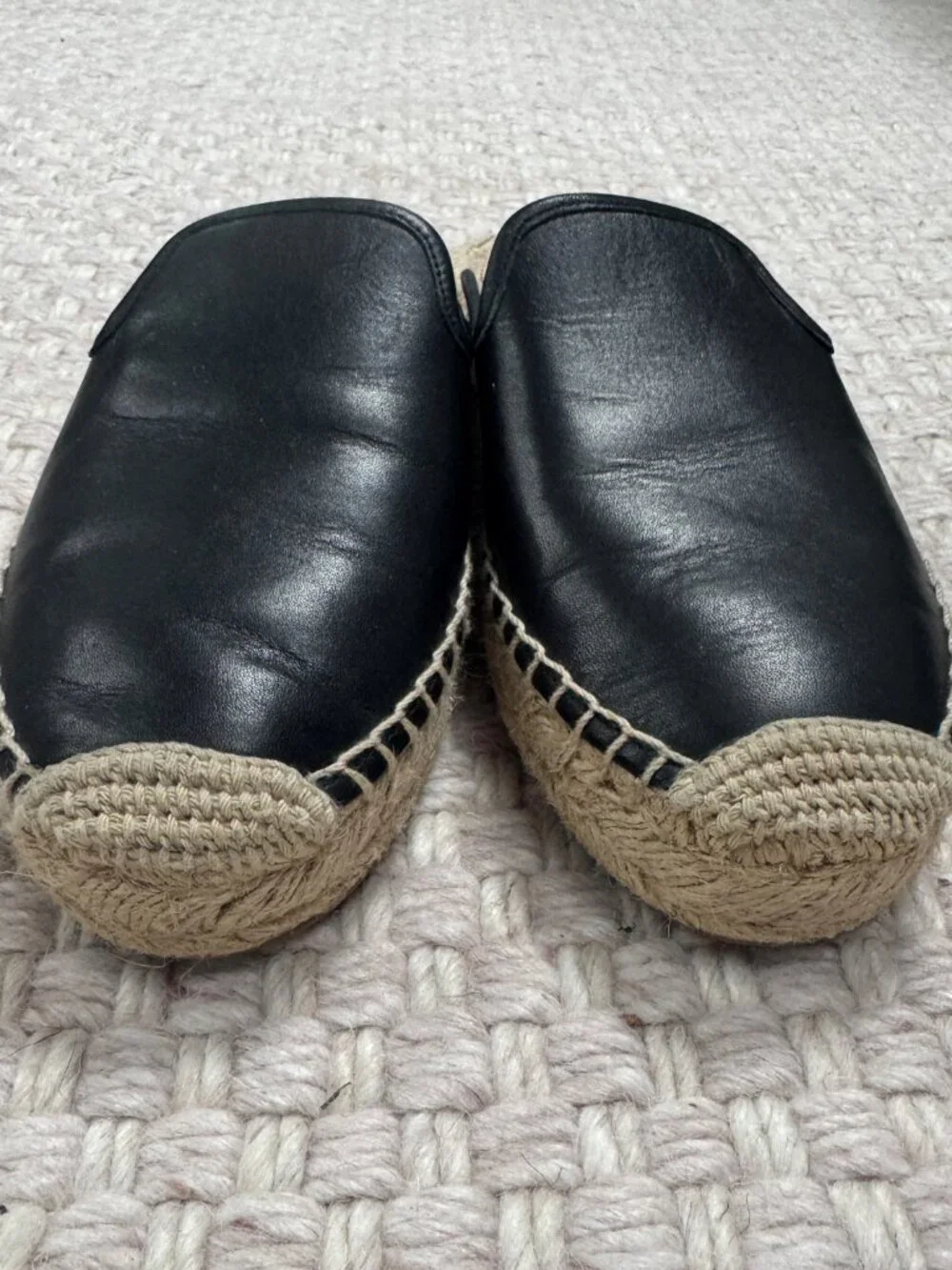 J. Crew Black Leather Slip On Espadrilles Flats Coastal Minimalist Size 7.5